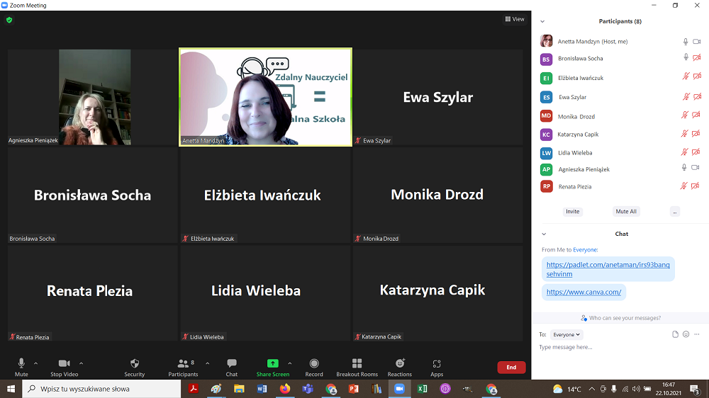Szkolenie online w ramach projektu Zdalny Nauczyciel Zdalna Szkoła - zrzut ekranu z aplikacji ZOOM